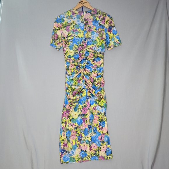 Black Halo Women's Blue Delina Ruched Floral-Print Sheath Dress Size 6 - Picture 2 of 9